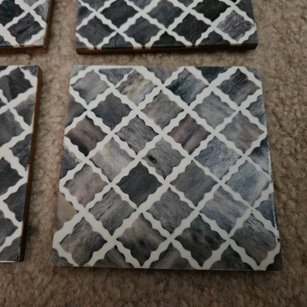 MODERN 4 MY MELA TRELLIS BONE INLAID GRAY BAR DRINK WOOD COASTERS MADE IN INDIA